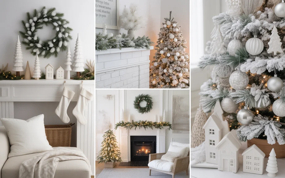 a soft, snowy collage featuring white Christmas home decor ideas