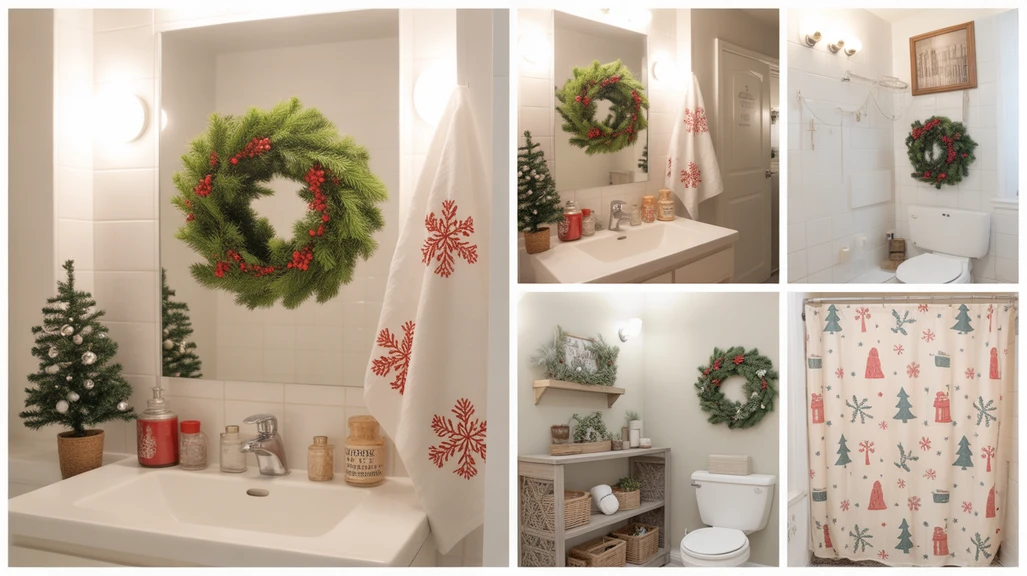 collage of apartment christmas bathroom decor ideas including wreaths, candles, festive towels, and small holiday accents