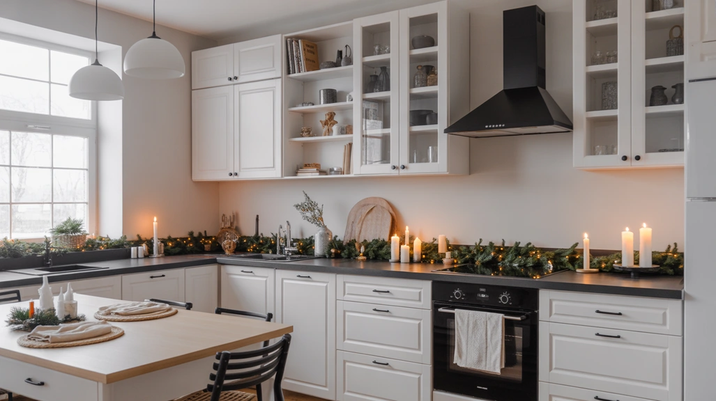 Black and white Christmas kitchen decor with minimalist holiday setup and Scandinavian modern style