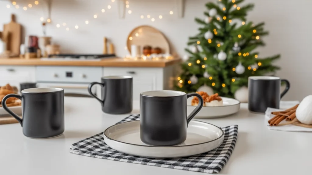 Modern minimalist Christmas kitchen in black and white with cozy lighting and monochrome festive details