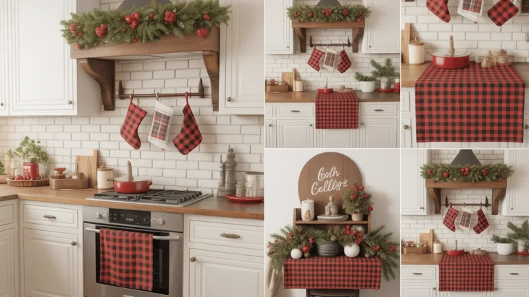 Buffalo plaid Christmas kitchen decor with farmhouse holiday styling and rustic festive accents