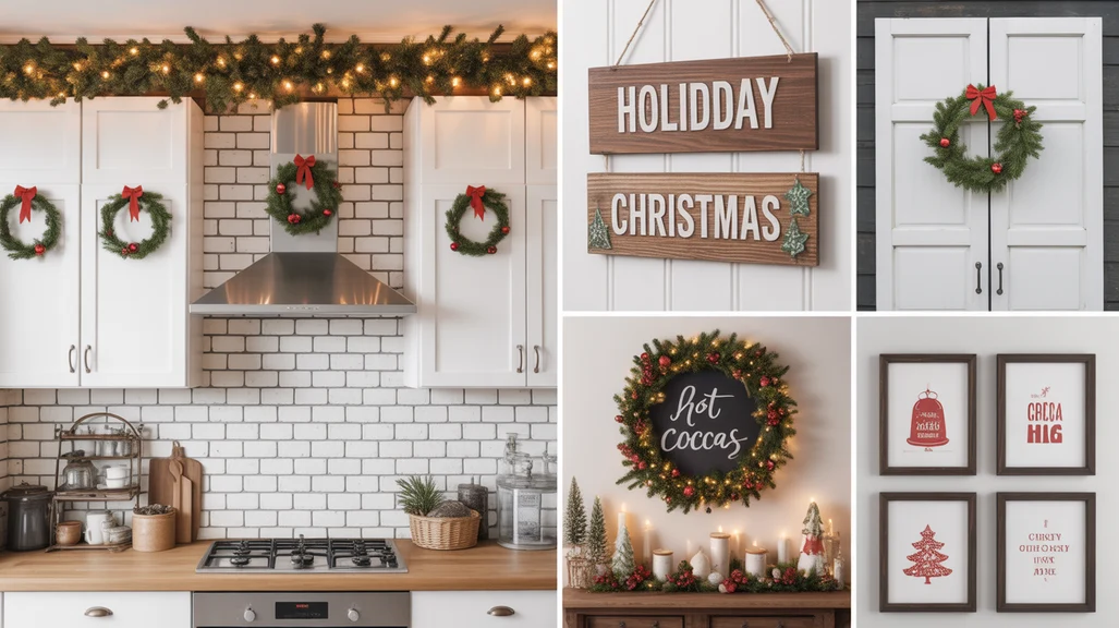 Cozy Christmas kitchen wall decor ideas with garlands, wreaths, and wooden holiday signs creating a festive and inviting kitchen space.
