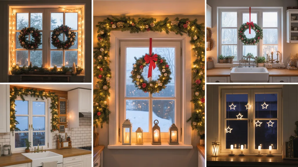 Christmas kitchen window decor ideas featuring wreaths, garlands, and fairy lights for cozy holiday style and festive kitchen charm.