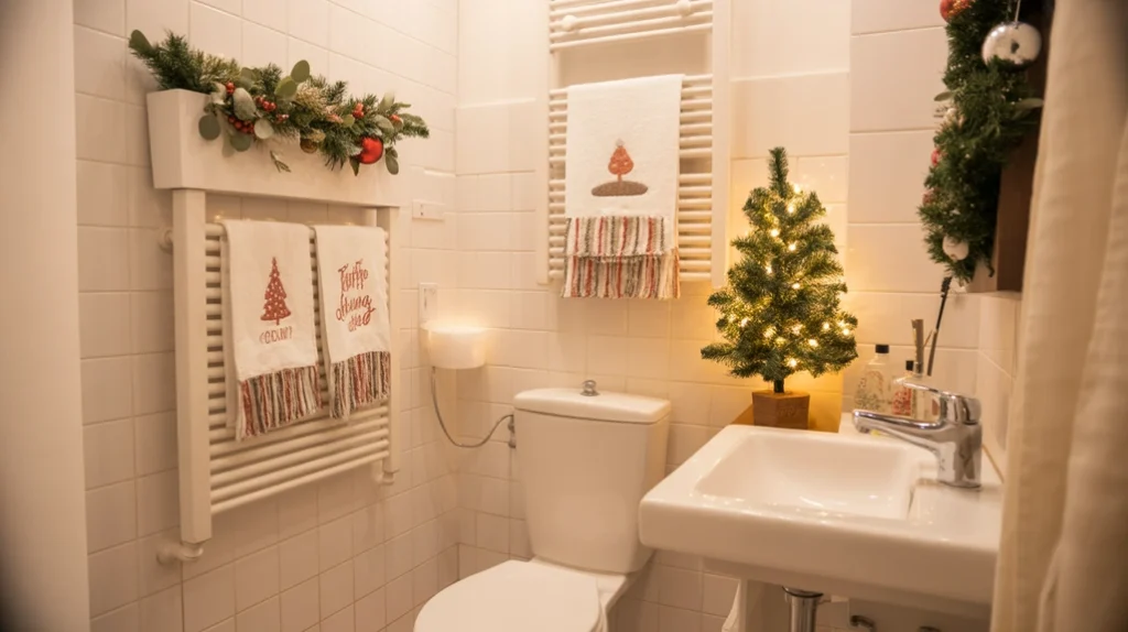 cozy apartment bathroom decorated for christmas with soft lighting and subtle holiday details