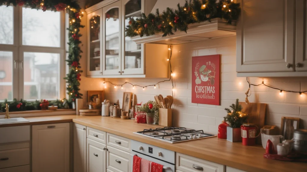 Warm and cozy Christmas kitchen with holiday decorations, garlands above cabinets, and glowing wall lights adding festive charm.