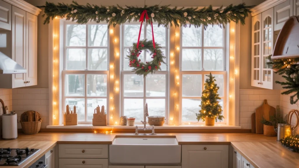 Cozy Christmas kitchen window decorated with greenery, lights, and wreaths, creating a warm and festive atmosphere for the holiday season.