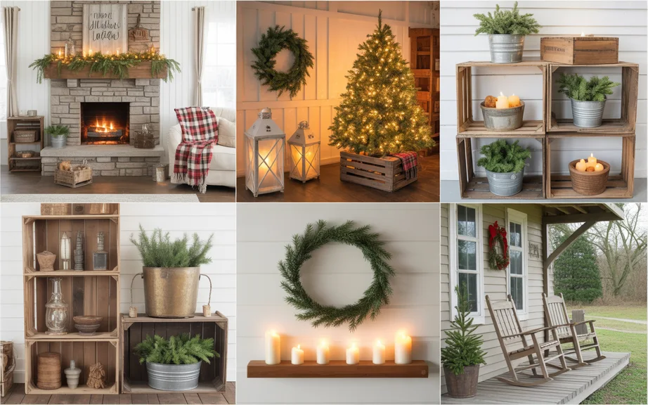 A collage of Rustic Farmhouse Christmas Home Decor Ideas