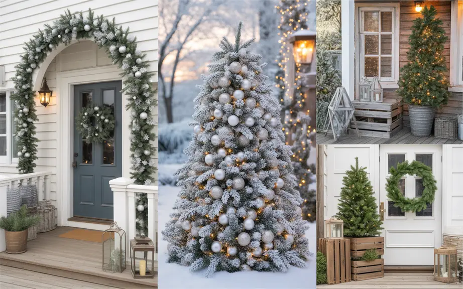 warm, cozy collage showcasing multiple winter wonderland outdoor Christmas decorating idea