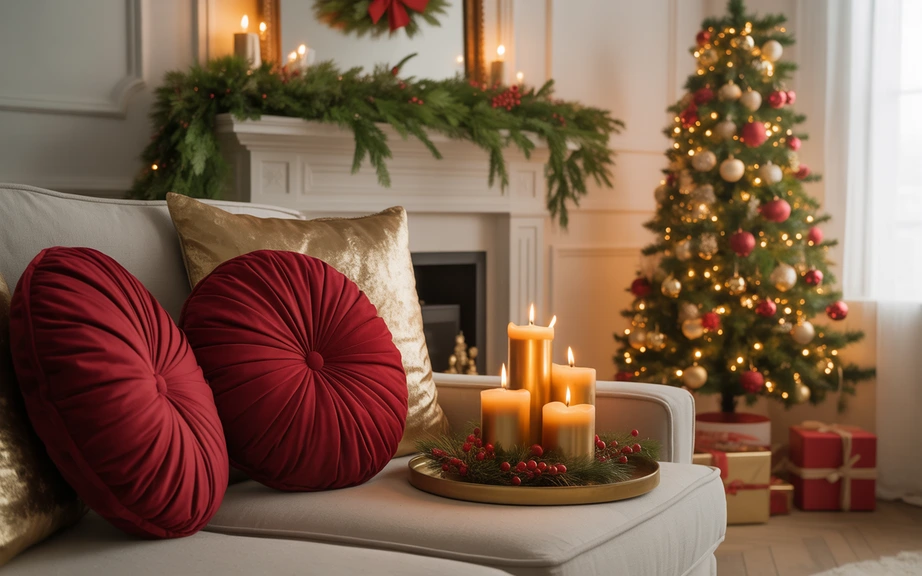 cozy living room styled in red and gold Christmas decor
