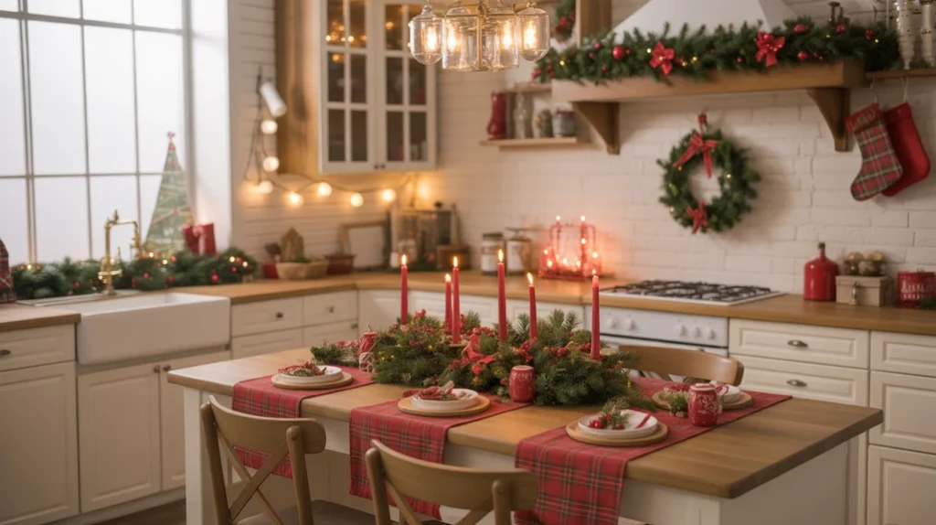 Cozy red and green Christmas kitchen decorated with garlands, candles, and wreaths for warm festive holiday charm.