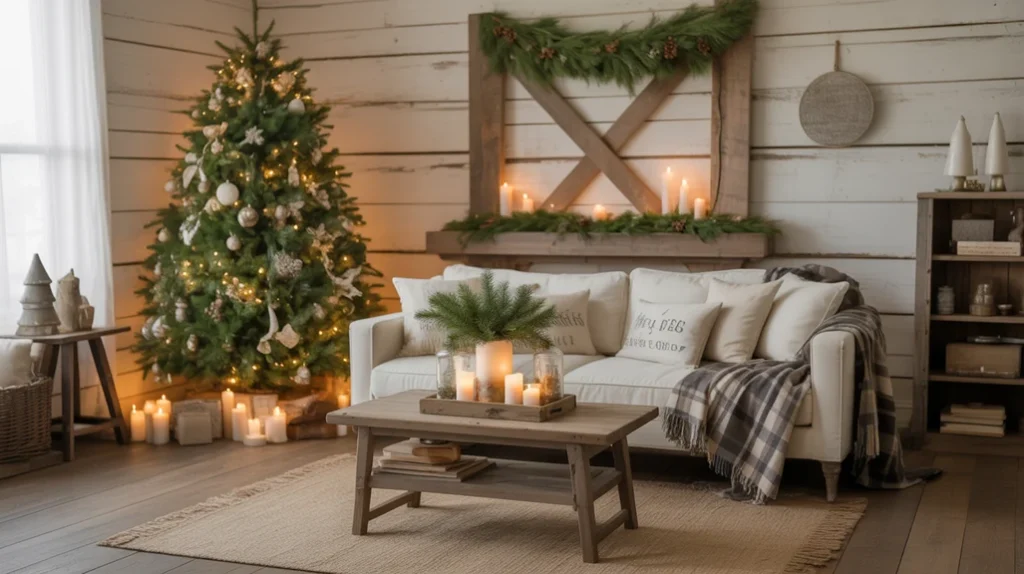Cozy rustic farmhouse Christmas living room with a tree, wood furniture, and neutral holiday decor in a warm country home.
