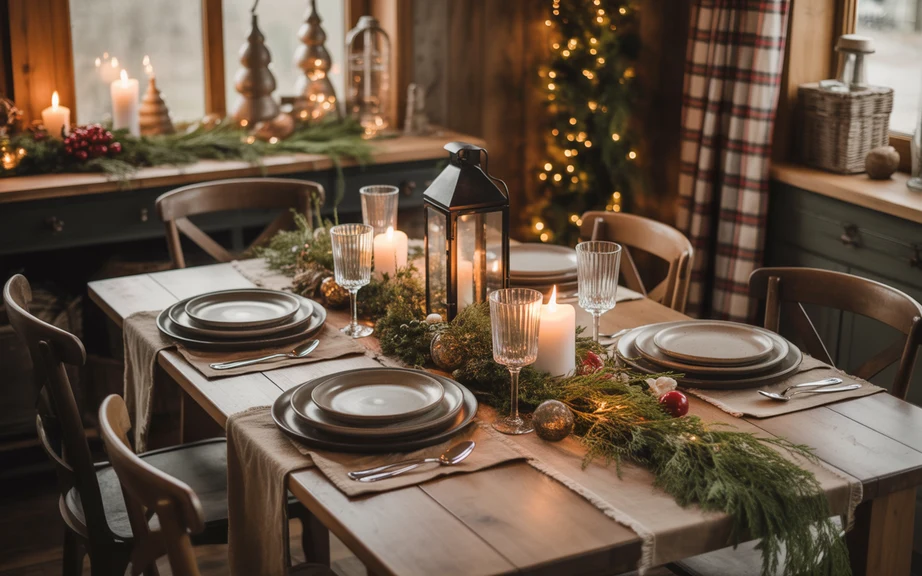 warm rustic farmhouse Christmas dining table