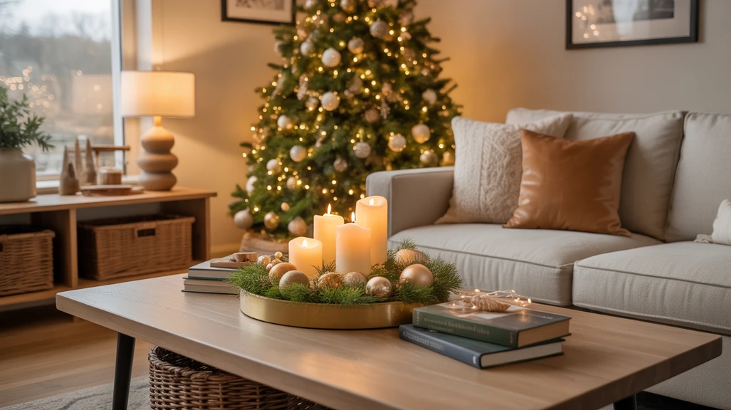 cozy Christmas coffee table decor setup in living room with candles, greenery, and ornaments”