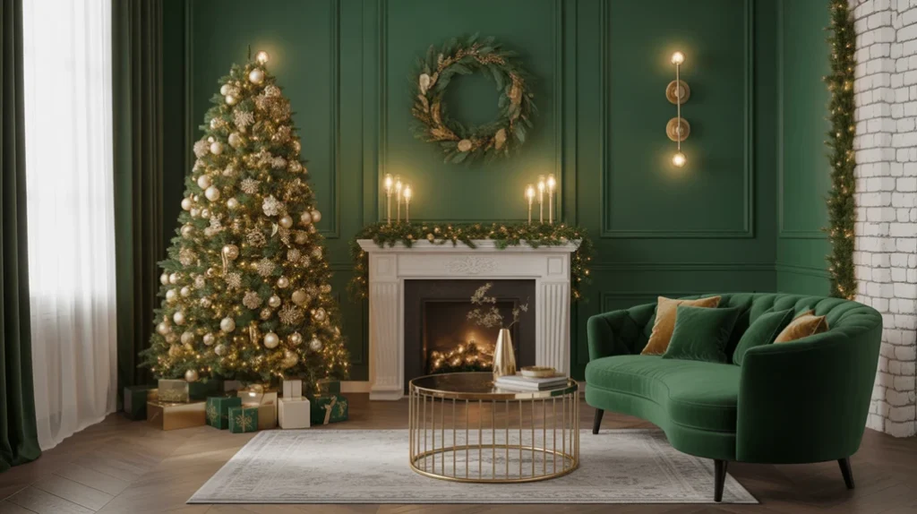 Elegant emerald and gold Christmas living room decorated with ornaments, garlands, and cozy golden lighting for a rich holiday atmosphere.