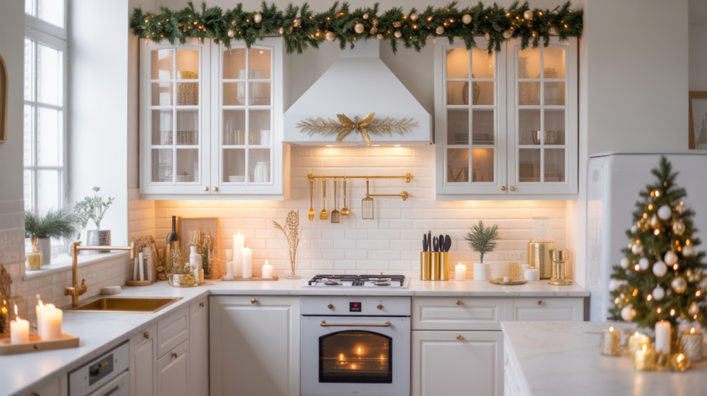 Elegant white and gold Christmas kitchen decorated with garlands, candles, and gold details for a cozy modern holiday look.