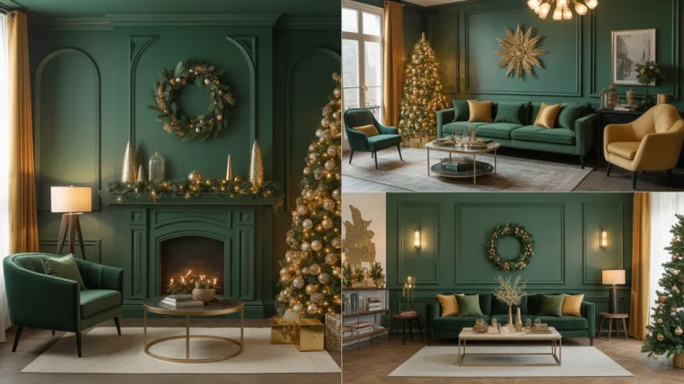 collage of emerald and gold Christmas living room ideas showcasing luxurious festive decor, velvet textures, and holiday lighting inspiration.