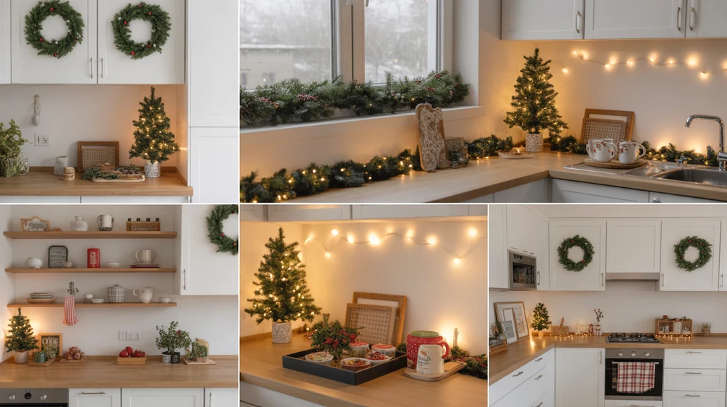 Cozy collage showing apartment Christmas kitchen decor ideas for limited spaces with small trees, wreaths, and warm lights