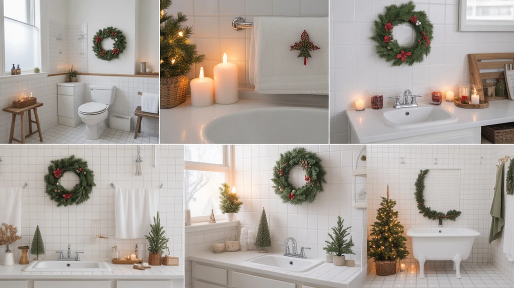 “collage of simple christmas bathroom decor ideas with wreaths, candles, towels, and warm lighting”