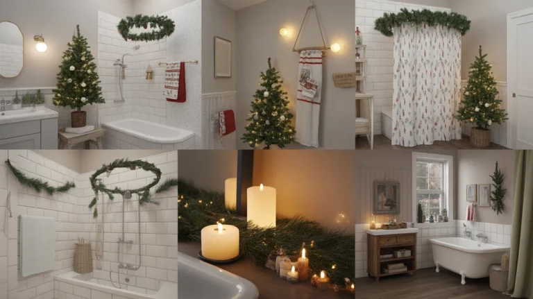Beautiful collage showing Christmas bathroom decor ideas with mini trees, greenery, holiday towels, and warm festive lighting