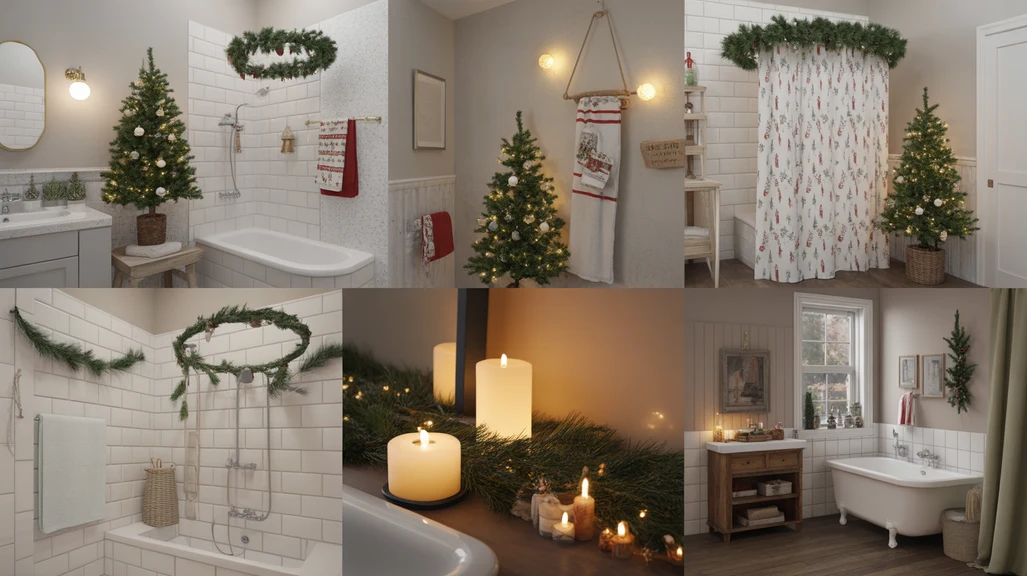 Beautiful collage showing Christmas bathroom decor ideas with mini trees, greenery, holiday towels, and warm festive lighting