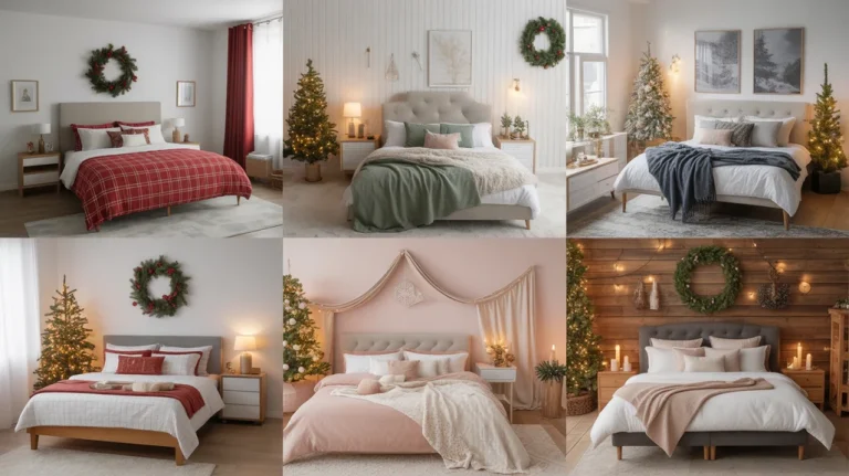 Christmas bedroom color schemes with cozy festive holiday decor and lights