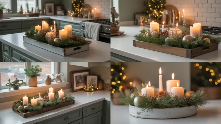 magical christmas kitchen tray and centerpiece ideas styled with greenery, candles, and festive accents