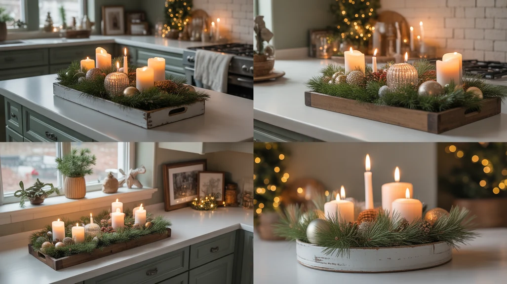 magical christmas kitchen tray and centerpiece ideas styled with greenery, candles, and festive accents