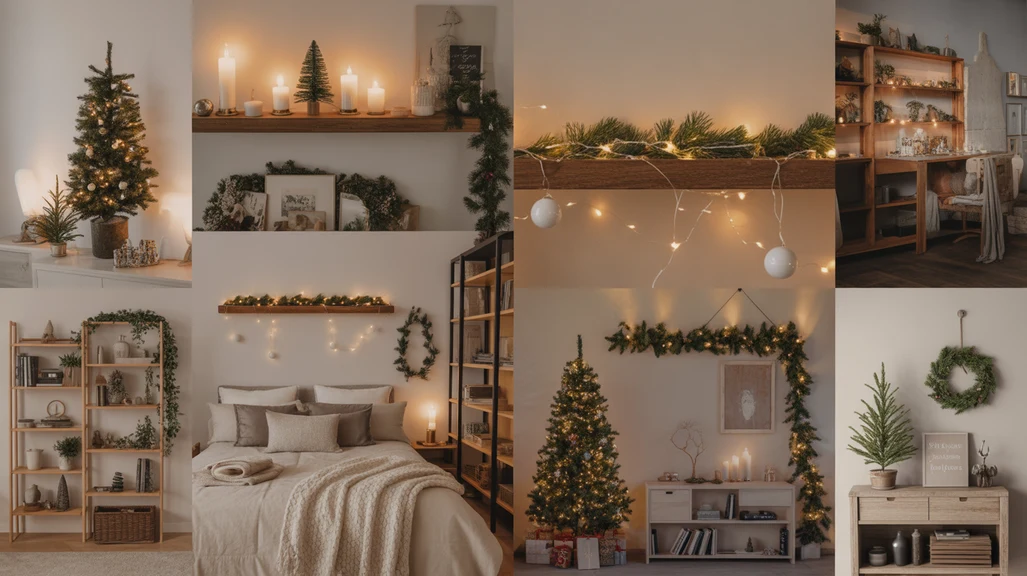 Cozy bedroom Christmas shelf and tabletop decor ideas with candles, garlands, and festive accents