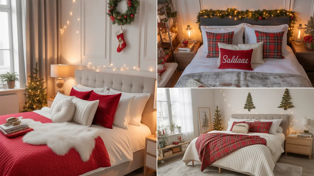 Cozy Christmas pillow and blanket styling ideas for festive bedroom decor and holiday home inspiration.
