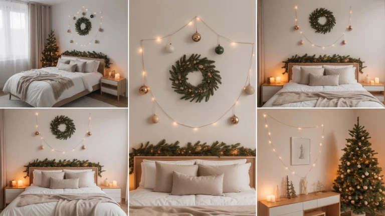 Elegant Christmas wall decor ideas for bedroom featuring wreaths, fairy lights, and festive wall art in a cozy holiday setting.