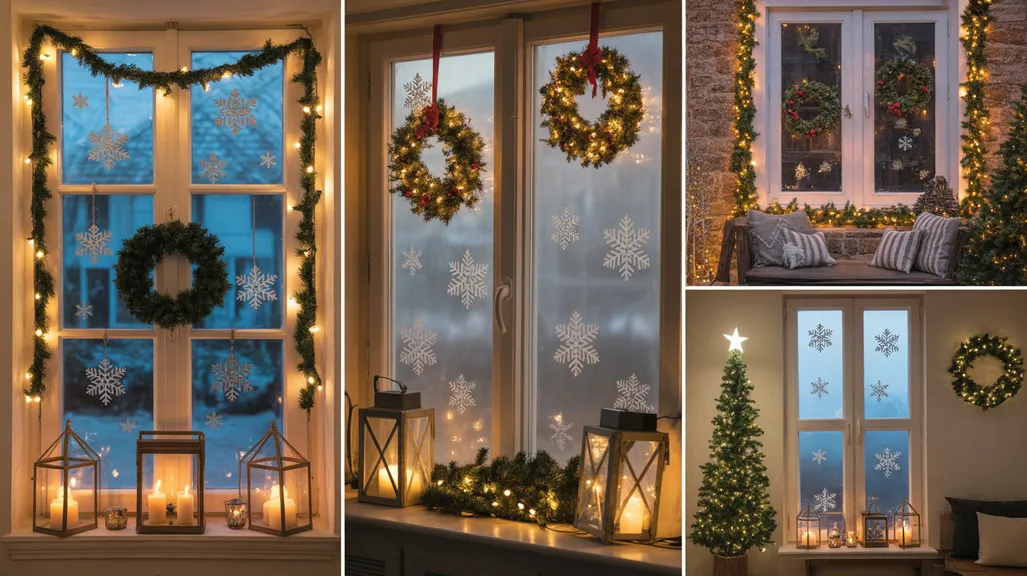 Cozy and elegant Christmas window decor ideas featuring lights, wreaths, garlands, and candles for a sparkling festive look.