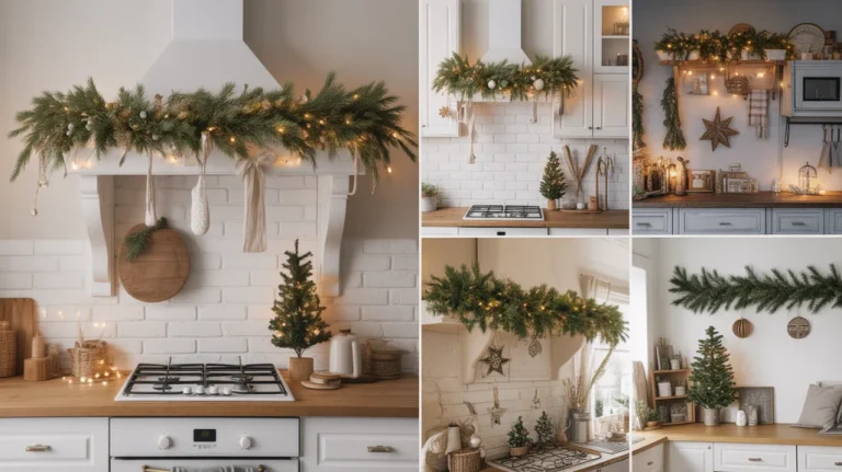 Collage of above kitchen cabinet Christmas decor ideas with garlands, fairy lights, greenery, and festive accents