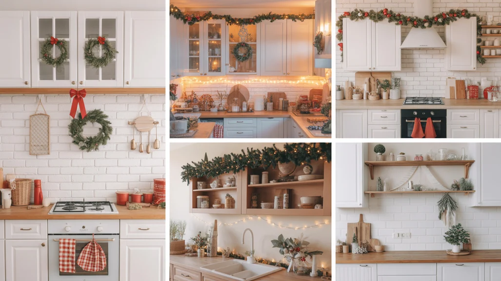 Collage of Christmas kitchen cabinet decor ideas with wreaths, garlands, ribbons, and lights in cozy festive kitchens