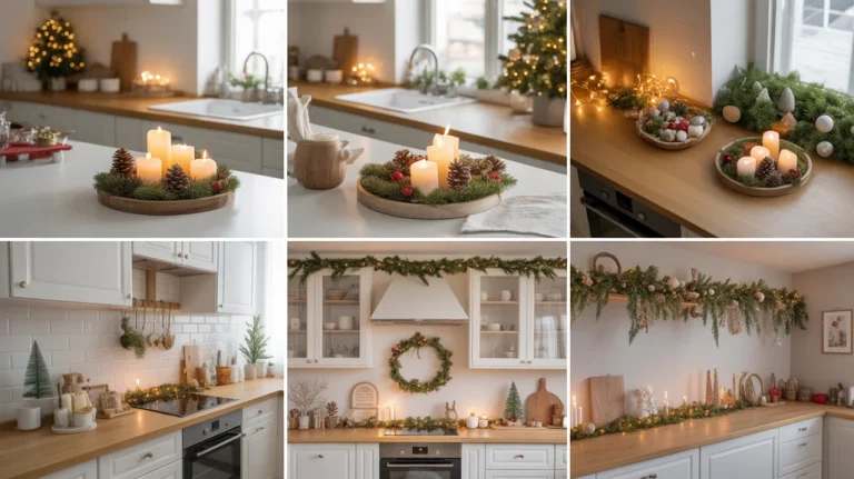 Collage of Christmas kitchen counter decor ideas with trays, candles, mini trees, and fairy lights in a cozy festive kitchen