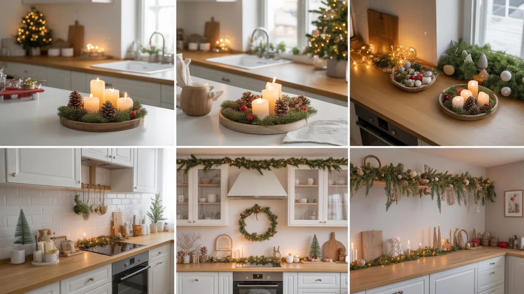 Collage of Christmas kitchen counter decor ideas with trays, candles, mini trees, and fairy lights in a cozy festive kitchen