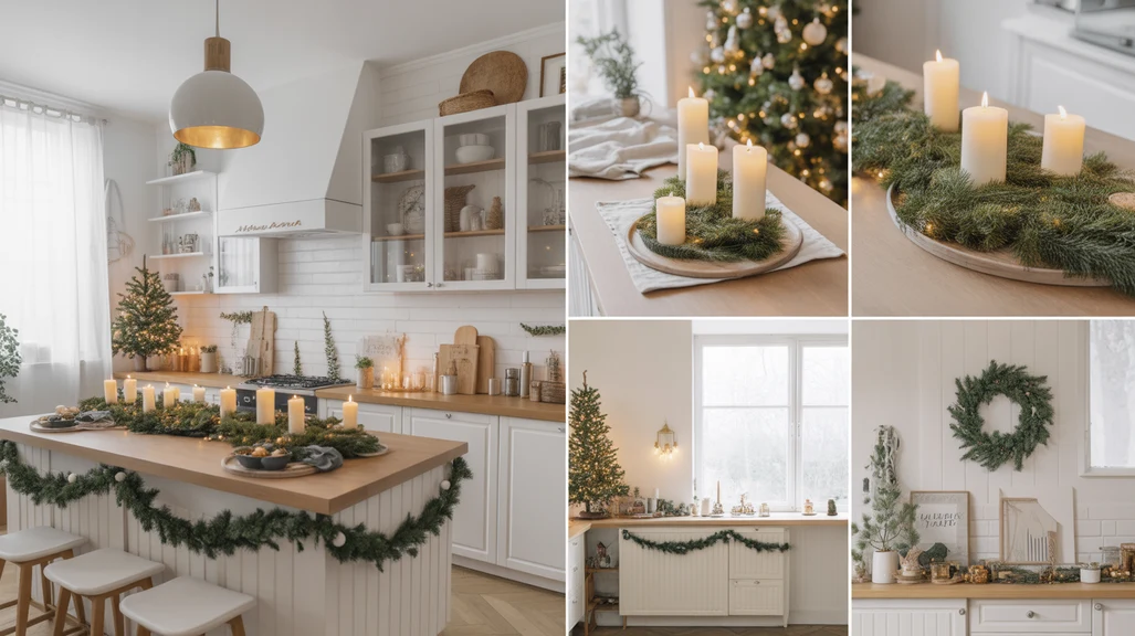 Collage of Christmas kitchen island decor ideas with candles, garlands, mini trees, and festive trays in cozy holiday kitchens