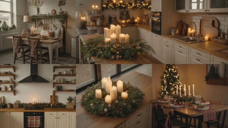 cozy christmas kitchen decor ideas with candles, wood, greenery, and warm holiday lighting