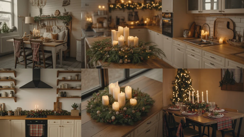 cozy christmas kitchen decor ideas with candles, wood, greenery, and warm holiday lighting