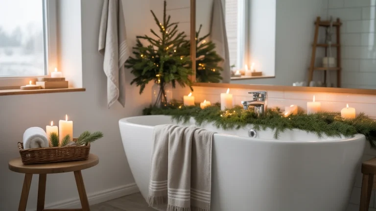 Cozy Nordic Christmas bathroom decor ideas with warm lighting, natural greenery, and calm Scandinavian winter styling.