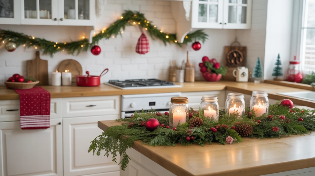 DIY Christmas kitchen decor ideas on a budget with handmade crafts, greenery, and festive homemade decorations