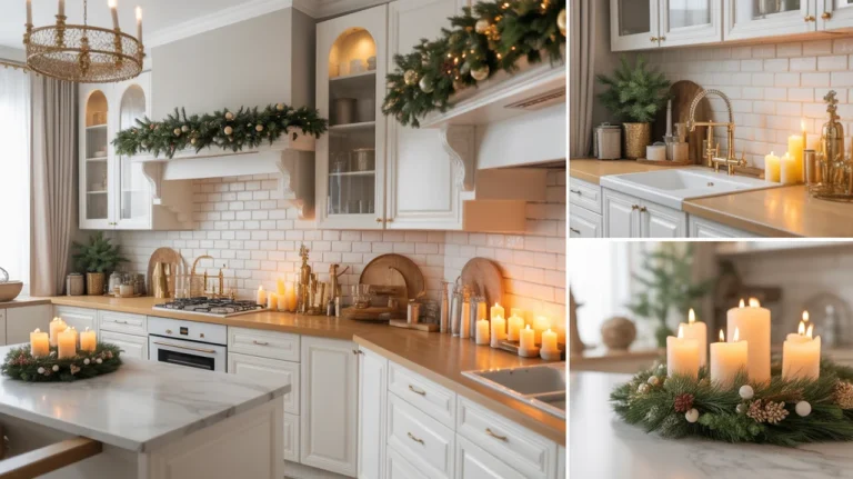 elegant christmas kitchen decor ideas with gold accents, marble counters, candles, and festive greenery