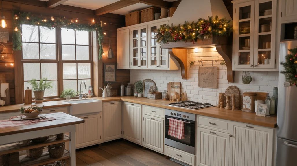 farmhouse christmas kitchen decor ideas with rustic wooden accents and warm lighting