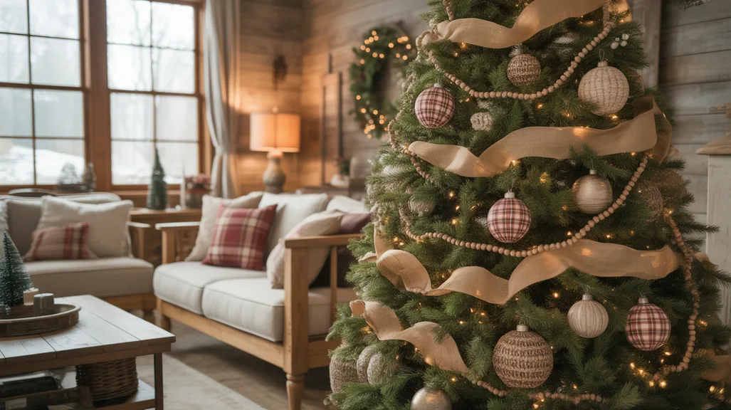 Farmhouse Christmas Tree Decorating Ideas featuring rustic décor, burlap ribbon, plaid ornaments, and cozy holiday lighting.