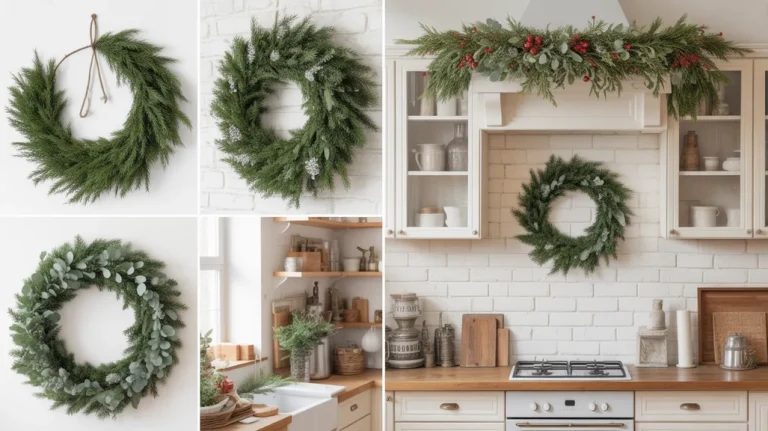 Garland and wreath Christmas kitchen decor ideas with natural greenery and festive holiday styling