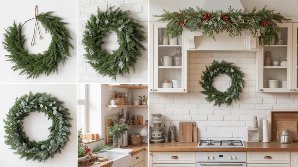 Garland and wreath Christmas kitchen decor ideas with natural greenery and festive holiday styling