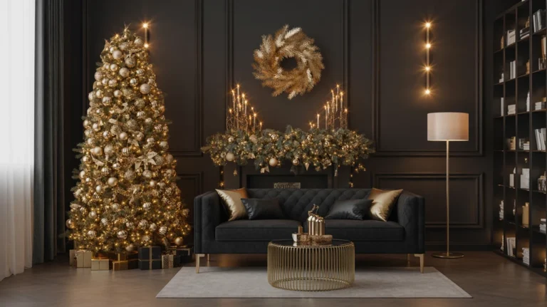 Black and gold Christmas living room ideas with modern glamour and festive holiday decor.