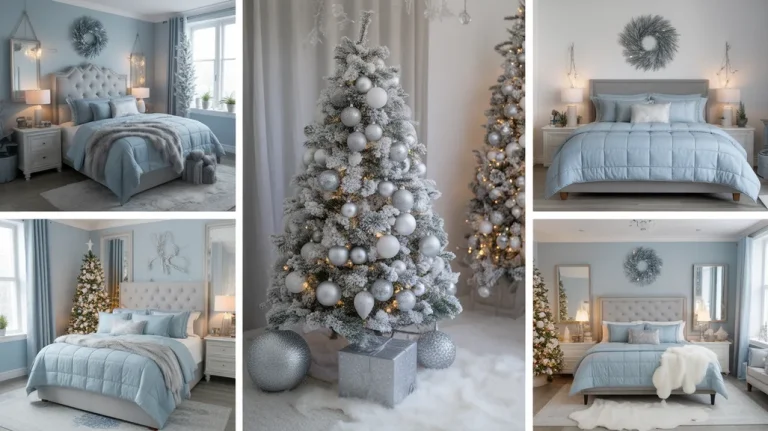 Elegant blue and silver Christmas bedroom decor with frosted trees, soft blue bedding, and silver accents creating a cozy, frosty winter glow.