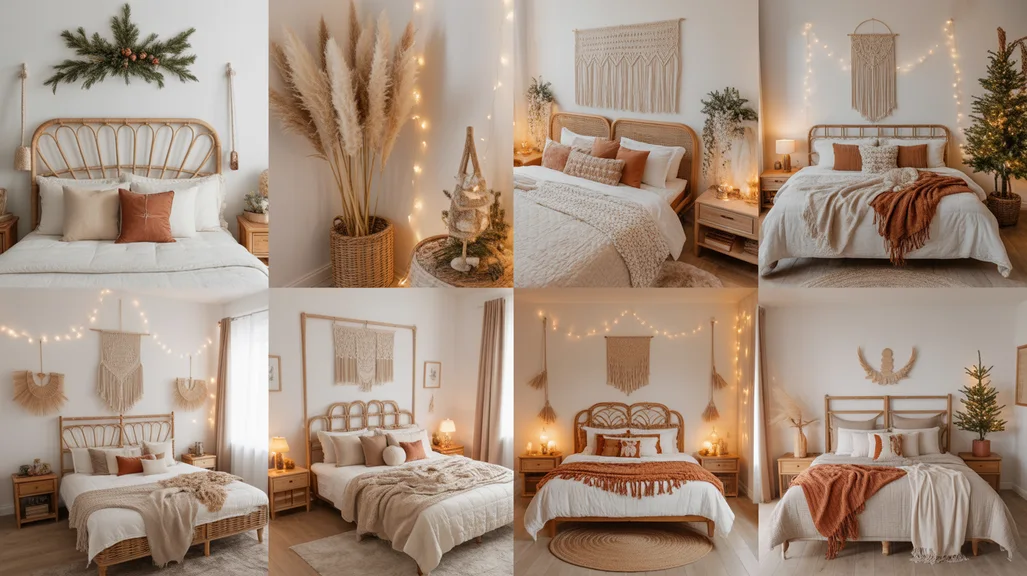 Boho Christmas bedroom ideas with rattan furniture, layered textures, and warm holiday lighting for a whimsical festive style
