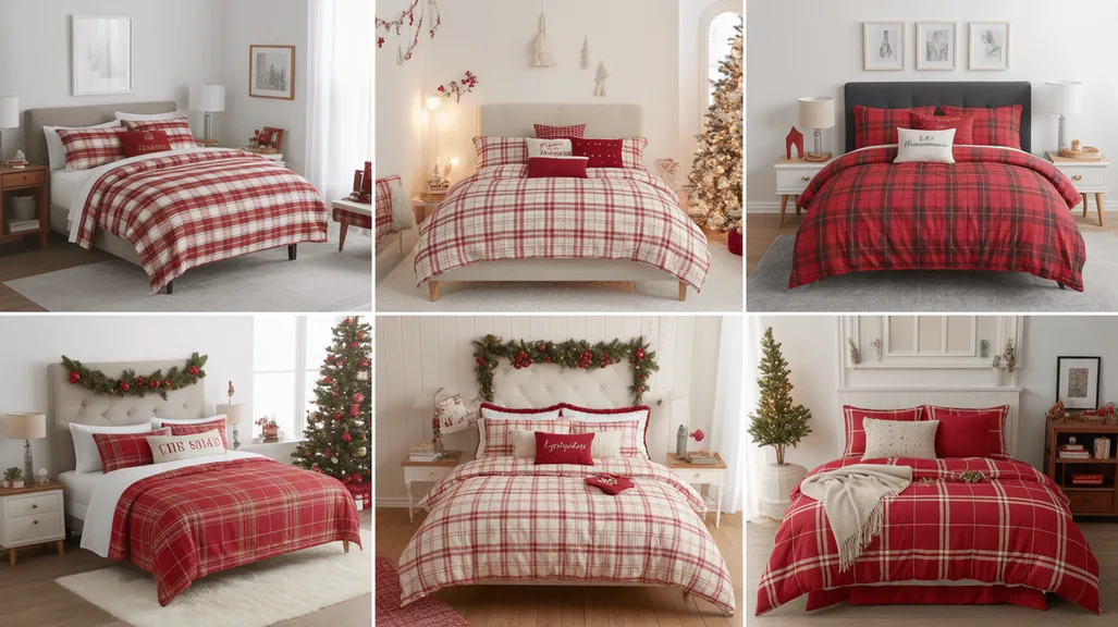 Christmas bedding ideas with red and white duvets, plaid comforters, cozy flannel sheets, and festive pillows