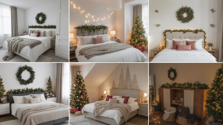 Christmas bedroom garland and wreath ideas with pine greenery and warm festive lighting